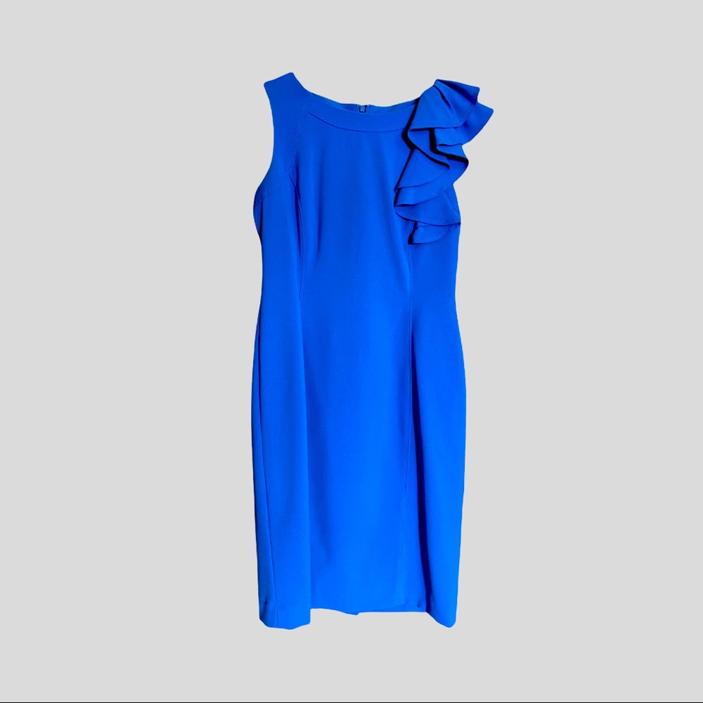 Calvin Klein blue A line dress with ruffles on right sleeve. Size 4.